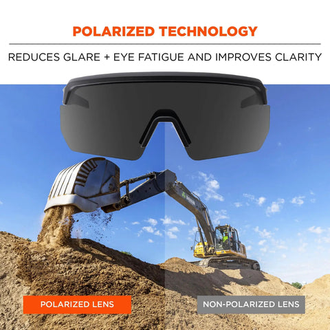 Oversized Blade Style Anti Fog Safety Glasses Featuring Polarized Tinted Lenses With Anti Scratch Coating For Tough Job Sites, demonstrating polarized vs non-polarized lenses.