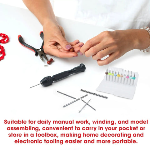 Person using Pro Grade 61 Piece Pin Vise Drill Set With 50 Micro Twist Bits 1 To 3mm and 10 PCB Mini Bits 0.1 To 1mm for crafts