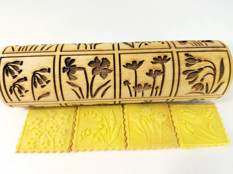 Spring Flowers Embossing Rolling Pin With 16 Floral Squares For Dough And Clay, Deep Pattern Beech Wood Roller For Embossed Cookies And Pottery
