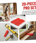 Red Plastic Leveling Wedges And Reusable Gap Filler Shims For Bullseye Door And Window Alignment in 20-piece set, shown in use.