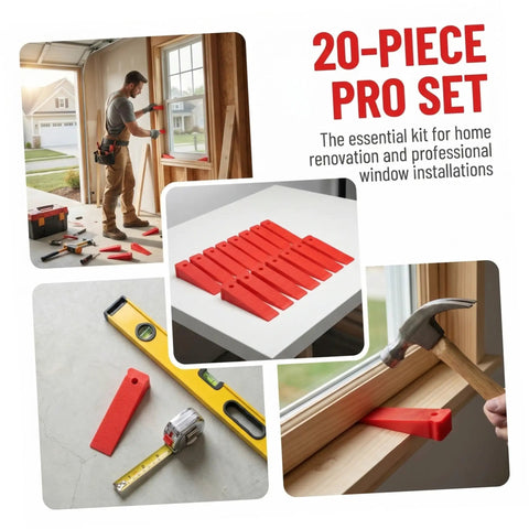 Red Plastic Leveling Wedges And Reusable Gap Filler Shims For Bullseye Door And Window Alignment in 20-piece set, shown in use.
