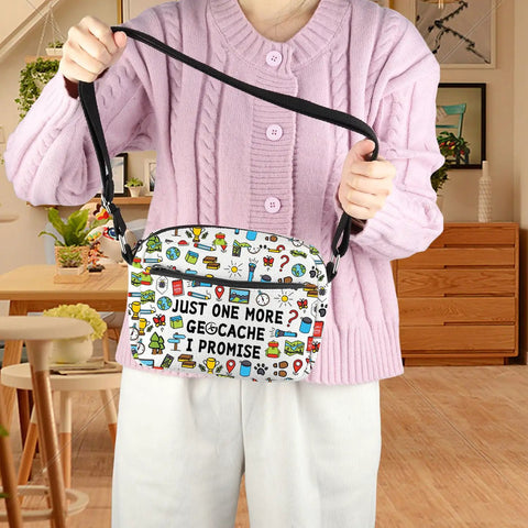 Person holding Just One More Geocache I Promise Crossbody Bag For Geocachers Gift For Outdoor Lovers Treasure Hunters in room