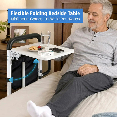 Elderly man using Bed Rails For Elderly Safety With Two Ergonomic Handles, 18 Level Adjustable Height, Foldable Table And Storage Pocket