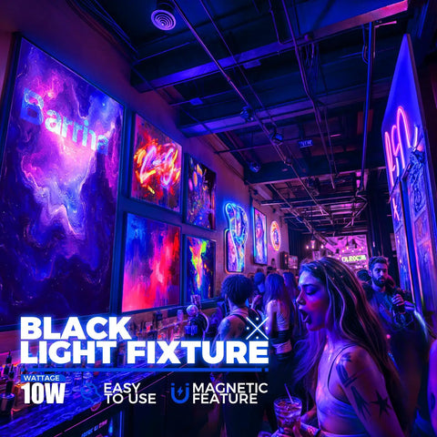 10W 1Ft Magnetic UV Blacklight LED Strip Kit illuminating fluorescent posters in a lit glow party setting, vibrant colors displayed.