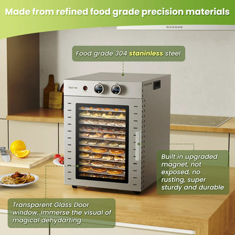 Top Shelf Food Dehydrator Machine With Twelve Stainless Steel Trays And Digital Timer For No Sweat Drying From 68 To 194 Fahrenheit on kitchen counter