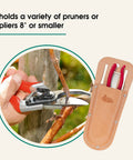 Top Grain Leather Arborist Pruner Pouch with Belt Clip holding red-handled pruners next to cutting wood on plant