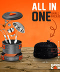 All In One 11 Piece Camping Cookware Set With Stove And Adapter For Backpacking Hiking And Picnics compact mess kit displayed