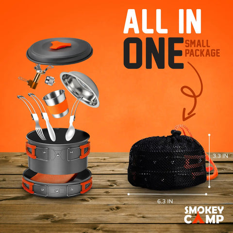 All In One 11 Piece Camping Cookware Set With Stove And Adapter For Backpacking Hiking And Picnics compact mess kit displayed