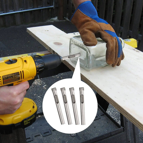 Drilling glass with Go-To 10 Pack Diamond Drill Bit Set 6mm (1/4 Inch) for precise holes; inset of drill bits