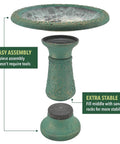 Fiberclay Bird Bath Outdoor Garden Decor Green, 20-Inch Tall Weather Resistant Water Bowl For Backyard And Patio, Antique Vintage Look With Easy Fill For Stability; image shows 3-piece assembly and fillable base for stability.