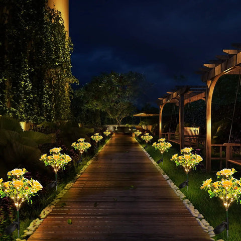 Go To Solar Carnation Flower Lights For Outdoor Garden Decor Waterproof IP65, Warm White 3200K LEDs illuminating garden pathway