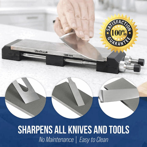 Close-up of Dope Value Diamond Sharpening Stone Set 8 By 3 Inches With Holder Includes 300 600 1200 Grit Stones sharpening kitchen knife