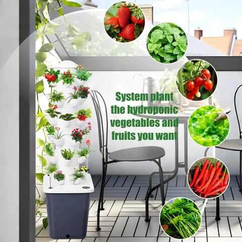 Vertical Hydroponic Tower Kit For Indoor Herb And Veggie Garden, 30 Plant Slots, growing herbs and vegetables on a patio.
