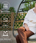 Woman relaxing on a Hanging Egg Chair With Stand for Indoor Outdoor Chill, Plush Washable Cushions; shows comfort features.