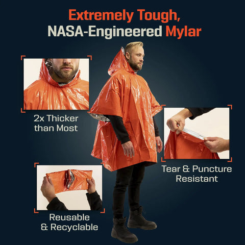 Emergency Mylar Poncho With Hood For Rain And Wind Lightweight Reusable Survival Blanket Poncho, showing durability and thickness.