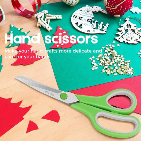 Five Pack 8 Inch Multipurpose Fabric Scissors Set For Sewing, Craft, Office And School, Sharp Durable Blades, Rust Resistant, Soft Comfort Grip Handles For Left Or Right Hand, Colorful Assortment green scissors on craft paper