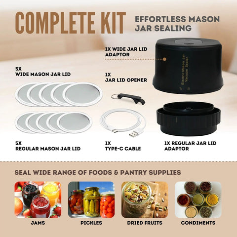 All-New 2026 Electric Mason Jar Vacuum Sealer Kit with lids, jar opener, and Type-C cable for food preservation.