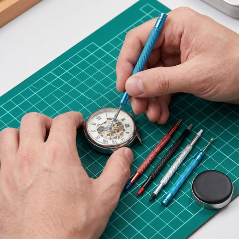 Round Leather Movement Holder With Cushion and Six Piece Watch Hand Tool Kit used for precise watch repair on a green mat.