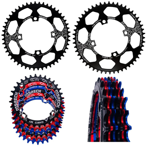 Round Oval 104 BCD Chainring 32T 52T Narrow Wide Teeth 4mm Thick, black and colored, for mountain bike single speed systems