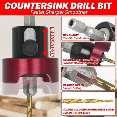 Kick Up Precision Carbide Countersink Drill Bit With Free Spin Depth Stop And Antislip Quick Release Hex Shank close-up highlighting adjustable features.