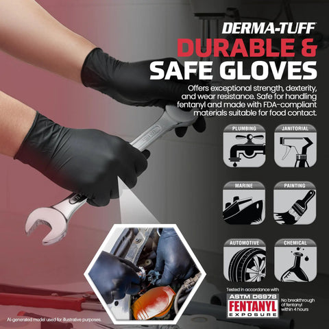 Heavy Duty Six Mil Nitrile Disposable Gloves Xl Size One Hundred Count Box, used for automotive work, featuring textured grip and beaded cuff.