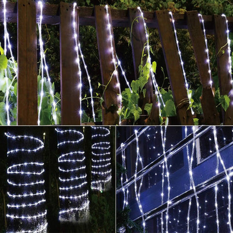 100Ft LED Rope Lights Outdoor With 720 LEDs, Flexible Connectable Tube Lights on garden fence, waterproof, 8 modes.