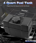 One Gallon Gas Tank For Lawn Mowers And Small Engines, 4 Quart Plastic Universal Fuel Tank With dimensions labeled