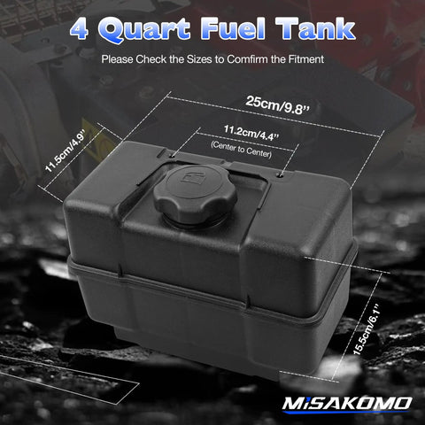 One Gallon Gas Tank For Lawn Mowers And Small Engines, 4 Quart Plastic Universal Fuel Tank With dimensions labeled