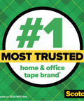 Graphic with #1 most trusted home & office tape brand, green plaid background, Scotch logo, based on 2024 NPD data.