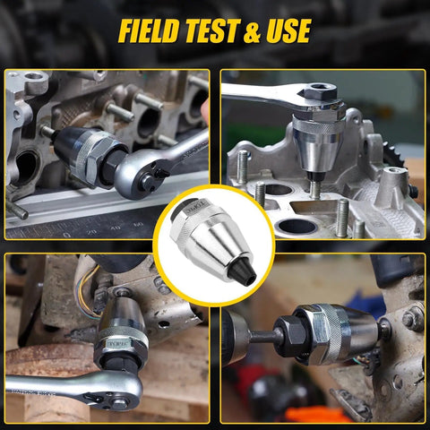 Rugged Stud Extractor Tool For Damaged Bolts And Studs From One Quarter Inch To One Half Inch Three Eighths Drive Grips Seized Rusted Or Painted Over Fasteners For Quick Bolt Removal Heavy Duty CR-MO Steel Remover in use on machinery.