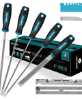 Boss Chainsaw File Set With Multiple Files In Five Thirty Two Three Sixteen And Seven Thirty Two Inch Sizes Plus A Six Inch Flat File Depth Gauge Filing Guide Quick Check Gauge Bar Groove Cleaner And Pouch For Easy Sharpening displayed on white background with packaging.