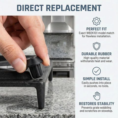 Hand installing 16 Pack Rubber Feet For Stovetop Grate Feet Replacement Three Sixteenth Inch Holes Compatible With GE Kenmore Gas Range Models WB02T10461 AP2622260 PS241358 DVGSU101 VGRT560 6GQ WB02K0101 247410