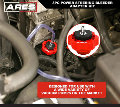 Three Piece Power Steering Adapter Kit for Manual Vacuum Pumps installed in engine compartment with Ford adapter visible