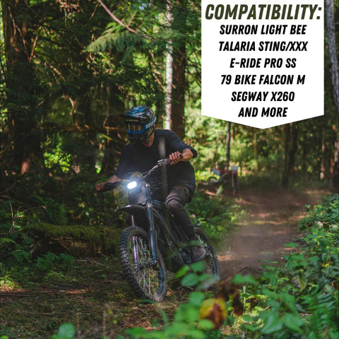 Rider in forest using Stem Lock For E Motos Bar Mount Kit Fits Talaria Sting Talaria XXX Surron Light Bee E Ride Pro SS 79Bike Falcon M Segway X260