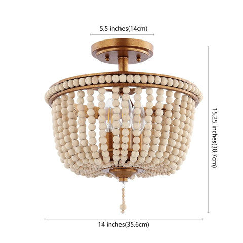 14 Inch Antique Gold And Light Taupe Wood Beaded LED Semi Flush Mount Ceiling Light With Cream Wood Bead Shade Boho Farmhouse Vibe For Nursery And Bedroom Energy Saving Bulbs Included, showing dimensions