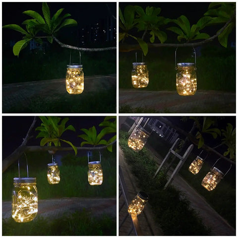 Dope Solar Mason Jar Lights 4 Pack With 30 LEDs Waterproof Fairy String Lights hanging in garden at night