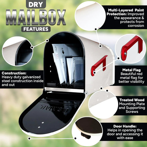Outdoor Metal Mailbox With Waterproof Insert That Keeps Mail Dry In Any Weather Weatherproof Exterior Mailbox USPS Approved White Finish Built Tough For Outdoor Use, showing open door with interior view and features highlighted.