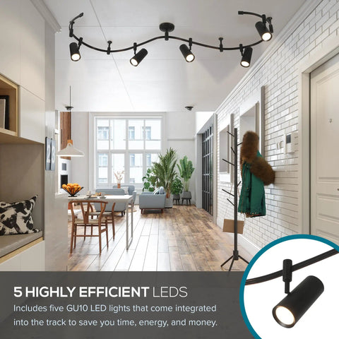 Ellipse Track Ceiling Light With Five Adjustable LED Heads In Black Finish Perfect For Kitchen Living Room And Home Accent Lighting