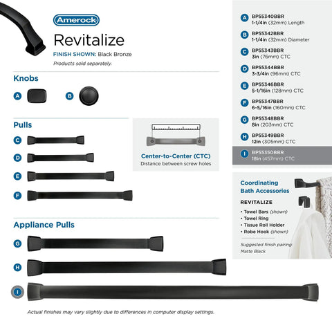 Chart of Revitalize Black Bronze appliance pull sizes with focus on drawer handle and hardware dimensions.