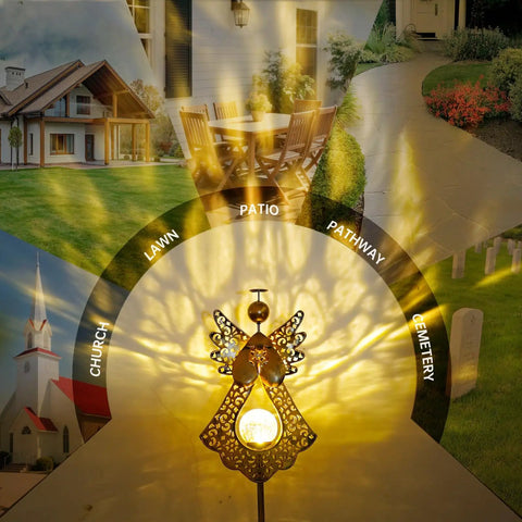 Angel Stake Solar Lights With Crackle Glass Globe Waterproof Warm White LEDs illuminating garden and memorial spaces.
