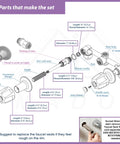 Diagram of faucet trim kit compatible with popular tub and bath fixtures showing parts like acrylic handles, stems, and flanges.