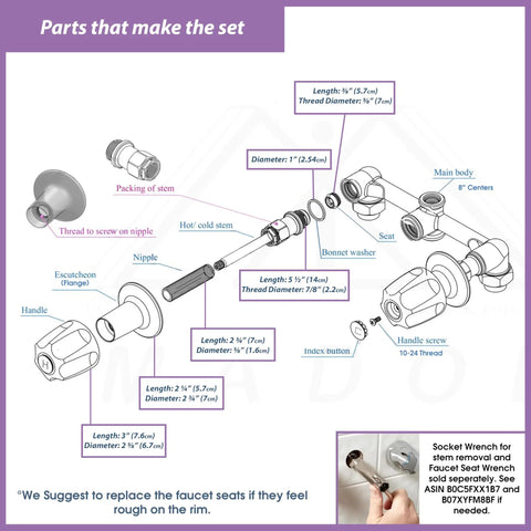 Diagram of faucet trim kit compatible with popular tub and bath fixtures showing parts like acrylic handles, stems, and flanges.