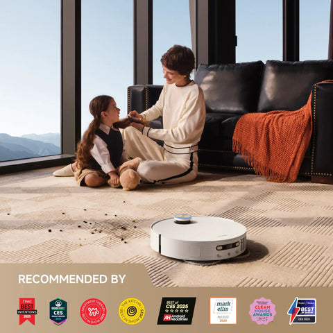 Beast Mode 20,000 Pa Suction Robot Vacuum And Mop navigating a carpeted living room with people in the background.