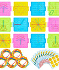 Twelve Double Sided Geoboards With Rubber Bands For Kids Geometry Learning Classroom Set Back To School Durable Plastic Six Point Nine By Six Point Three Inches Great For Teachers And Fam Math Activities shown in colorful patterns