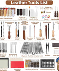 All In One Leatherworking Tool Kit With Cutting Mats Apron Stamping Engraving Punching Sewing And Sanding Tools For Leather Making And Repair Pro Grade Gear For Beginners And Pros Ready To Tackle Any Leather Project displayed with various tools and accessories.