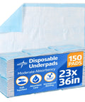 No Mess Heavy Duty Disposable Underpads 23 By 36 Inches 150 Pack stacked with an underpad laid out, showing soft quilted surface.