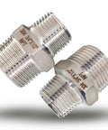 Heavy Duty 3/4 To 1/2 Inch NPT Hex Reducing Nipple Fitting Adapter In 304 Stainless Steel MNPT Pipe Connector Built To Last For Durable Plumbing And Easy Leak Free 3/4 Inch Male To 1/2 Inch Male Threads, shown in two angles