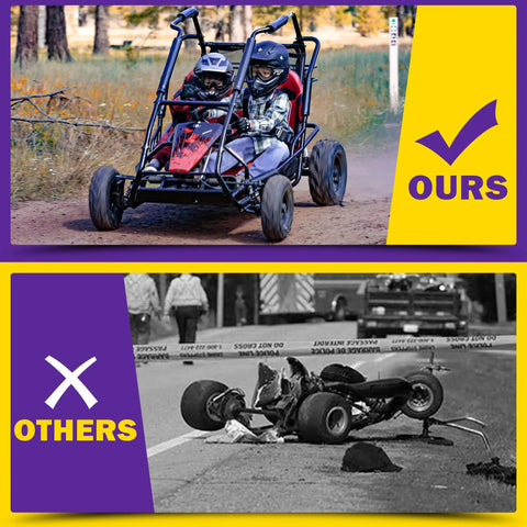 Youth go-kart with Beefed Up Big Pedals And 71 Inch Throttle Cable Upgrade For Karts compared to damaged kart, safe and durable.