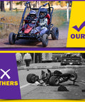 Comparison of sturdy off-road go-kart and broken kart; showcasing Heavy Duty Go Kart Pedals With 71 Inch Throttle Cable for durability.