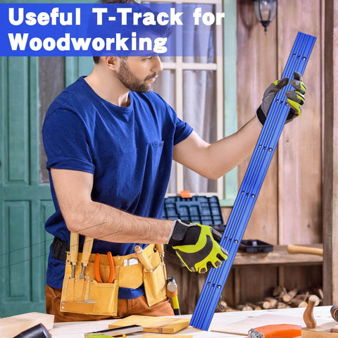 Man inspecting Blue 48 Inch Aluminum T Track Set For Woodworking Six Pack With Predrilled Mounting Holes And Seventy Two Screws Universal Three Quarter Inch Width By Three Eighths Inch Depth Easy Install For Drill Press Tables And Router Tables Ready To Roll in workshop.